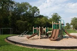 A playground in a park with trees in the background.