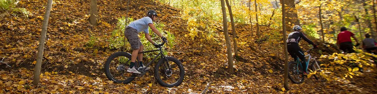 A man is riding a bike down a trail in the woods.