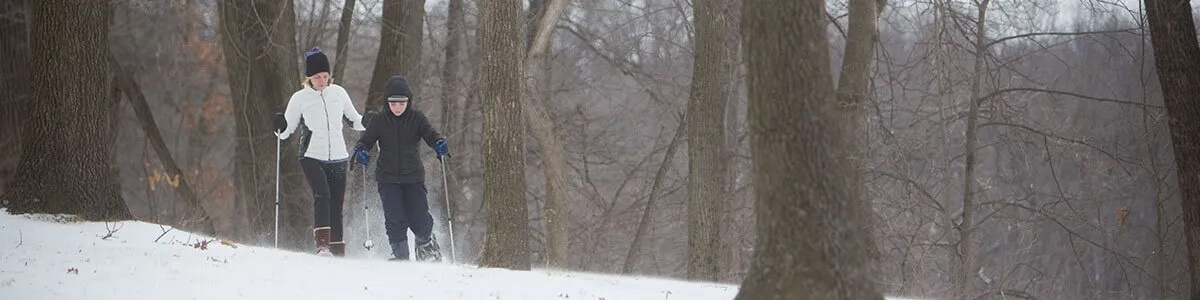 A woman and a child are cross country skiing in the woods.